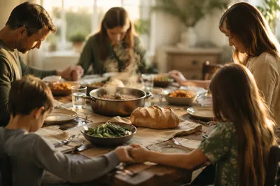 Christian Family Dinner Prayer Around Rustic Table