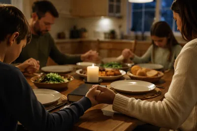 Christian Family Dinner Prayer Around Wooden Table