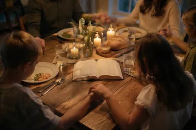 Christian Family Holding Hands at Dinner Prayer