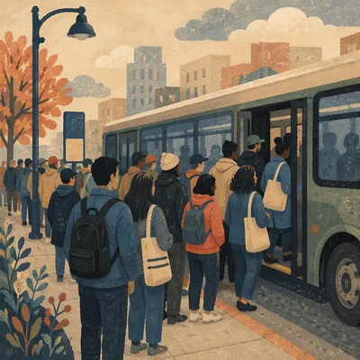 Morning City Bus Boarding Scene