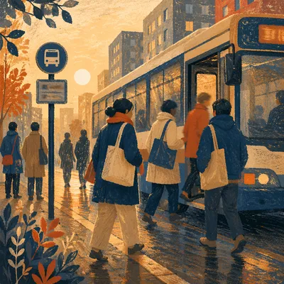 Morning Commuters Boarding City Bus