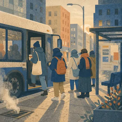 Morning City Bus Boarding at Stop