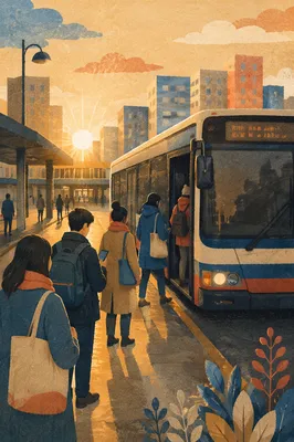 Morning City Bus Boarding at Sunrise