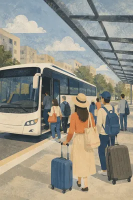 Morning City Bus Boarding at Urban Stop