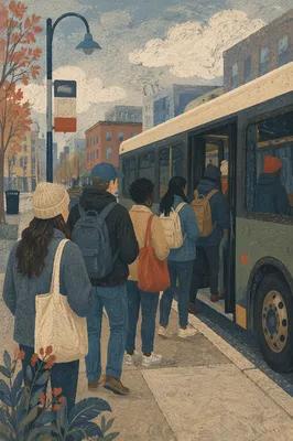 Morning City Bus Boarding Scene