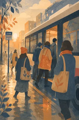 Morning City Bus Boarding at Sunrise