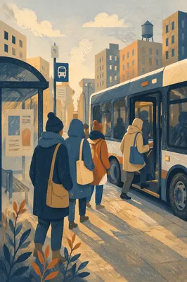 Morning City Bus Boarding at Curbside Stop