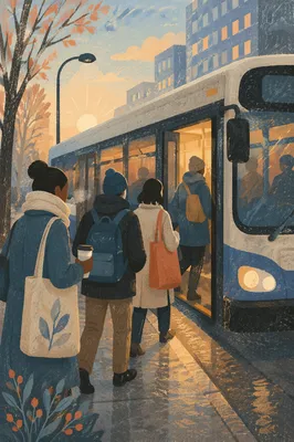 Morning City Bus Boarding at Sunrise