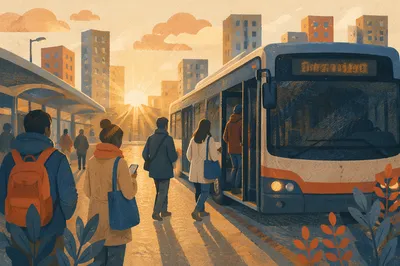 Morning City Bus Boarding at Sunrise