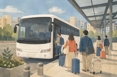 Morning City Bus Boarding at Urban Stop