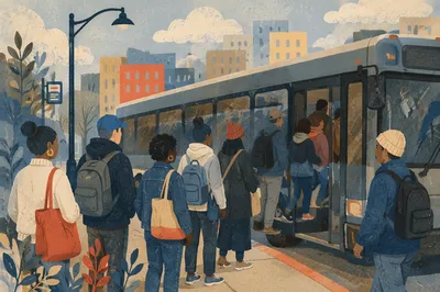 Morning City Bus Boarding Scene