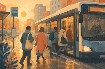 Morning City Bus Boarding at Sunrise