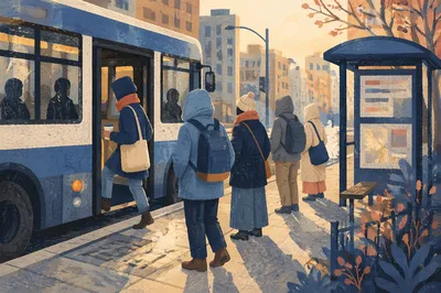 Morning City Bus Boarding at Stop