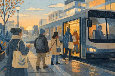 Morning City Bus Boarding at Sunrise