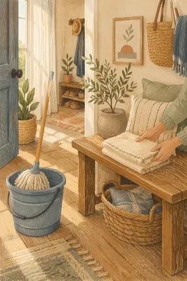Sunlit Tidy Entryway With Mop Bucket