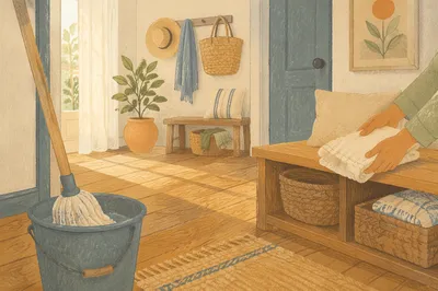 Sunlit Tidy Entryway with Mop Bucket