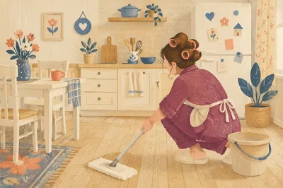 Cozy Kitchen Cleaning with Mop and Bucket