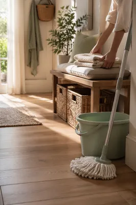 Sunlit Tidy Entryway with Mop Bucket
