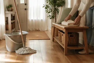 Sunlit Tidy Entryway with Mop Bucket