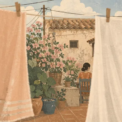 Sunlit Backyard Clothesline in Gentle Breeze