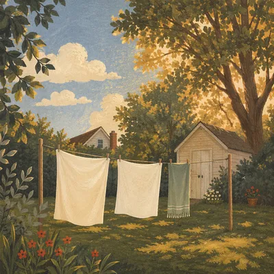 Sunlit Backyard Clothesline in Summer Breeze