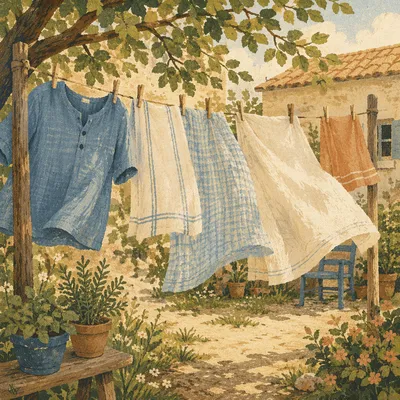 Sunlit Laundry Swaying in Quiet Backyard
