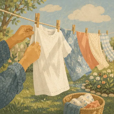 Sunlit Backyard Clothesline in Gentle Breeze