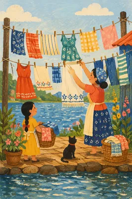 Sunny Backyard Clothesline by the Lake