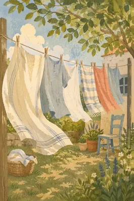 Sunlit Laundry Swaying in Quiet Backyard