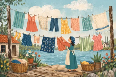 Sunny Backyard Clothesline by the Lake