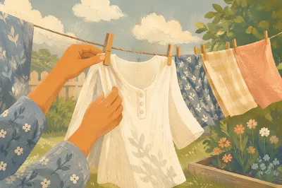 Sunlit Backyard Clothesline in Gentle Breeze