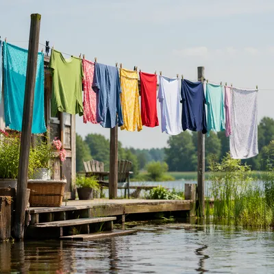 Sunny Backyard Clothesline by the Lake
