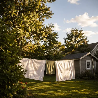 Sunlit Backyard Clothesline in Summer Breeze
