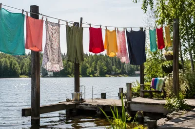 Sunny Backyard Clothesline by the Lake