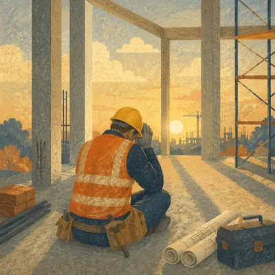 Construction Worker Prayer Break at Sunrise