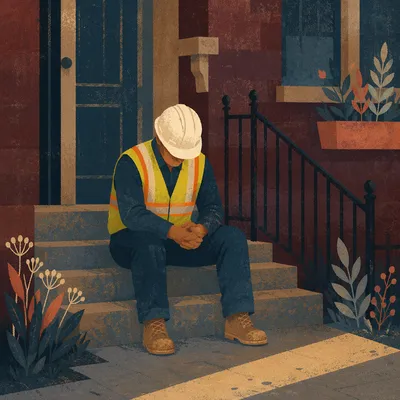 Construction Worker Praying on Urban Steps