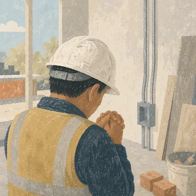 Construction Worker Prayer Break in Hard Hat