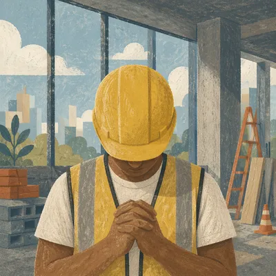 Construction Worker Prayer Break in Hard Hat