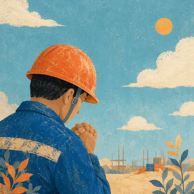 Construction Worker Prayer Break Under Turquoise Sky