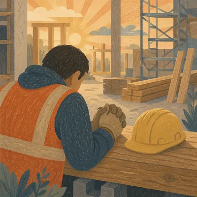 Construction Worker Prayer Break at Sunrise