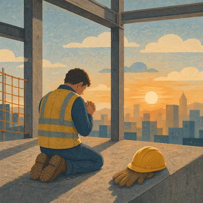 Construction Worker Prayer Break at Dawn