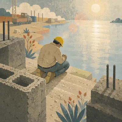 Construction Worker Prayer Break by Water