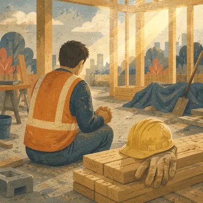 Construction Worker Prayer Break at Sunrise