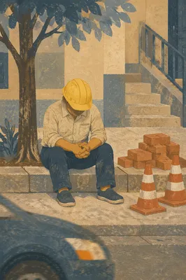 Construction Worker Prayer Break on City Sidewalk