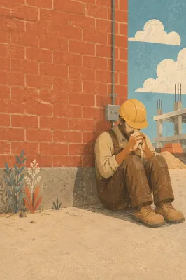 Construction Worker Praying Beside Brick Wall
