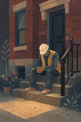 Construction Worker Prayer Break on Urban Steps