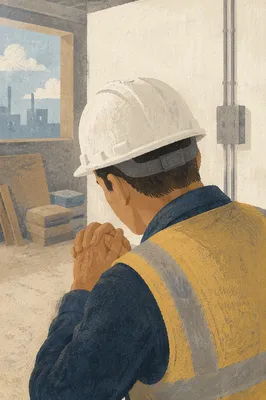 Construction Worker Prayer Break in Unfinished Building