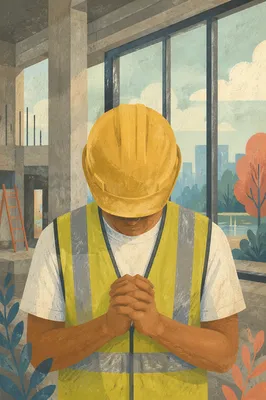 Construction Worker Prayer Break in Unfinished Building