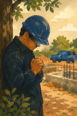 Construction Worker Praying Beside Tree