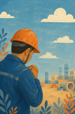 Construction Worker Prayer Break Under Turquoise Sky